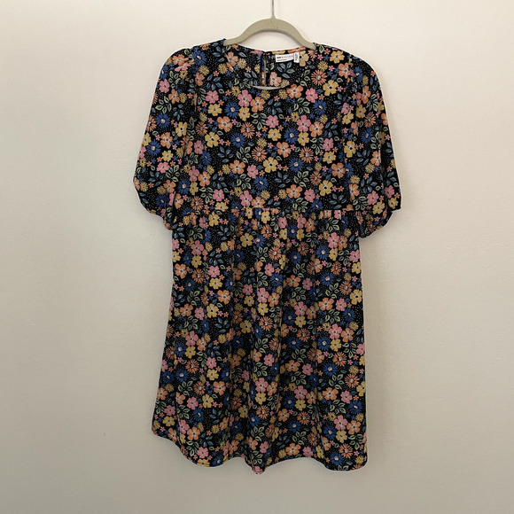 ASOS DESIGN Maternity short sleeve smock mini dress black floral & dot print US8 - Picture 1 of 6